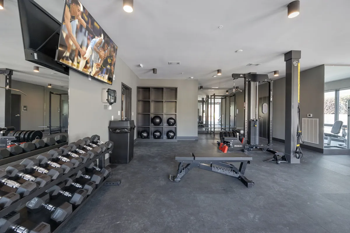 A bright, modern fitness center with a range of equipment including dumbbells, a weight bench, exercise machines, and a television. The space feels open and motivational, suitable for solo workouts or group fitness activities.