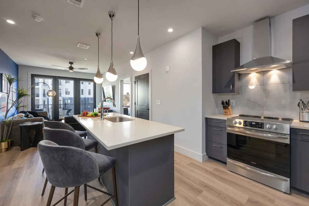 This image features a contemporary kitchen with an island countertop, stainless steel appliances, pendant lighting, and a seating area. The open-plan layout emphasizes functionality and sociability, with ample counter space and bar seating inviting group participation in meal preparation.