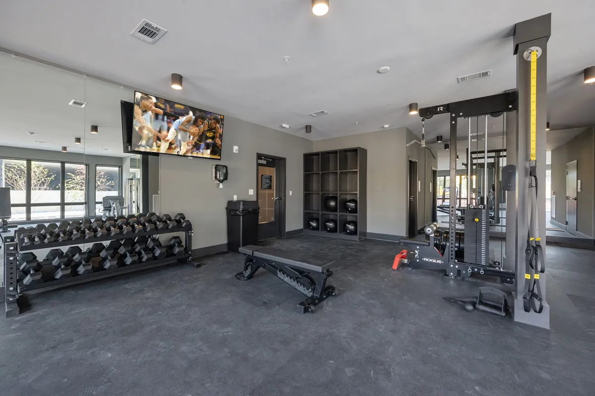 A modern fitness center featuring a weight rack, exercise bench, multi-gym machine, and a TV screen. The space is bright, clean, and well-equipped, ideal for a variety of workouts and personal fitness routines.