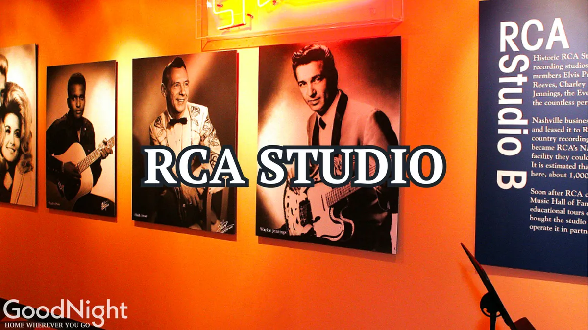 Inside RCA Studio, the image showcases framed photographs of famous musicians and the bold 'RCA STUDIO' text. Visitors are engaged in viewing historical memorabilia and learning about legendary music history.